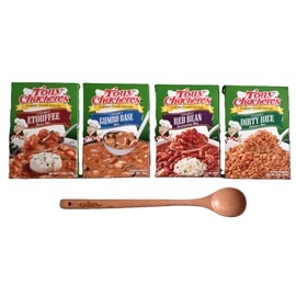 GeauxDat Cajun Favrit Foods Bundle: Tony Chachere's Cajun Gumbo Base, Dirty Rice, Red Beans Seasoning Mix, Etouffee Base Mix, Wooden Spoon