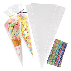 200pcs Sweet Cones Bags and Ties, Crystal Clean Cone Bags, Triangle Clear Cellophane Bags with 200pcs Colorful Ties for Cookie, Candy, Baking, Party Christmas and Festivals Wrapping(Transparent 16*30)