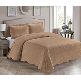 Better Home Style 3 Piece Luxury Ultrasonic Embossed Solid Quilt Coverlet Bedspread Oversized Bed Cover Set # Veronica (King/Cal-King, Taupe)