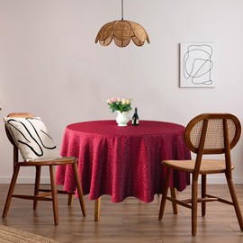 Trimming Shop 90" Round Damask Table Cloth Scrolled Leaves Pattern, Red Circular Linen Table Cover for Banquet, Christmas, Xmas, Dining Parties, Home, Kitchen, Restaurant, Wedding, 1pc