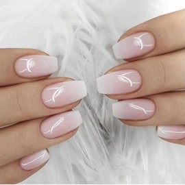 24Pcs Nude White French Fake Nail Short Square Nail Tips Fashion Wearable False Nails with Glue Simple Full Cover Press on Nails