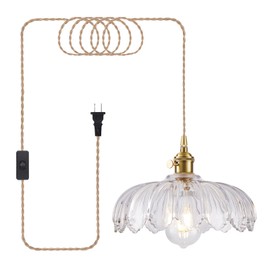 Beser·Win Plug in Pendant Light, Hanging Lights with Plug in Cord, Hanging Light Fixture with Green Glass, E26 Pendant Lighting for Kitchen Island, Bedroom, Dining Room-Clear