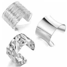 NovaCharm 3 Silver Upper Bangles - Chunky Cuff Bracelets in Minimalist Design, Adjustable & Durable, Punk Jewellery Set for Women