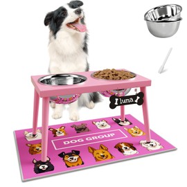ADENGL Raised Dog Bowl Stand for Large Medium Dogs, Elevated Dog Bowls with Sprill Proof Mat &Two 58OZ Stainless Steel Bowls,Pink