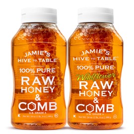 Jamie’s Hive to Table Pure Local Honey & Wildflower - Raw and Unfiltered Honey & Honeycomb - All-Natural Sweetener- Rich Flavor Profile - 24oz Squeeze Bottle, 2 Pack