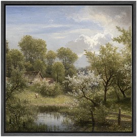 SIGNFORD Framed Canvas Print Wall Art Idyllic Spring Orchard Blossoming Trees and Rustic Cottage Nature Wilderness Illustrations Rustic Zen Colorful for Living Room, Bedroom, Office - 24"x24" Black