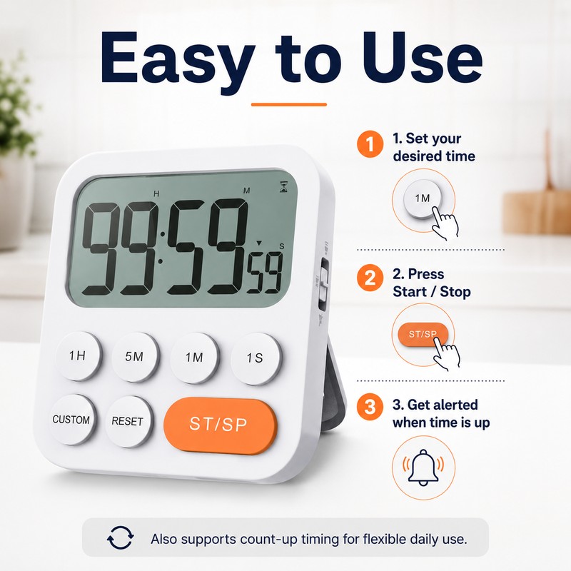 Digital Kitchen Timer with Magnetic Back – 99-Minute Count Up