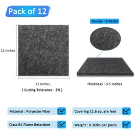BXI Thickened Sound Absorbing Panels - 12 Pack 12 X 12 X 0.5 Inches Dense Acoustic Panels, Echo Noise Reducing Sound Panels, Tackable Studio Panels for Wall and Ceiling Acoustic Treatment
