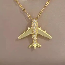 Unbranded Aircraft Airplane Jewelry Silver Look Aviation Pilot Travel Pendant Necklace - Jeweled Gold