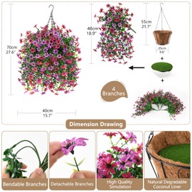 Artificial Flowers Hanging Baskets, 4 Bundles Outdoor Hanging Basket Spring Summer Decoration, No Fade Realistic Fake Flowers Plants for Porch Patio Balcony Home Yard Decor(Light Purple Red)