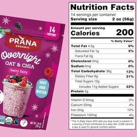 Prana Chía Nocturna con Avena Berry Fairy | Rica en Fibra y Proteínas, Vegana, Sin Ogm | Desayuno Listo para Comer - Bolsas de 28 Oz - 1 Paquete