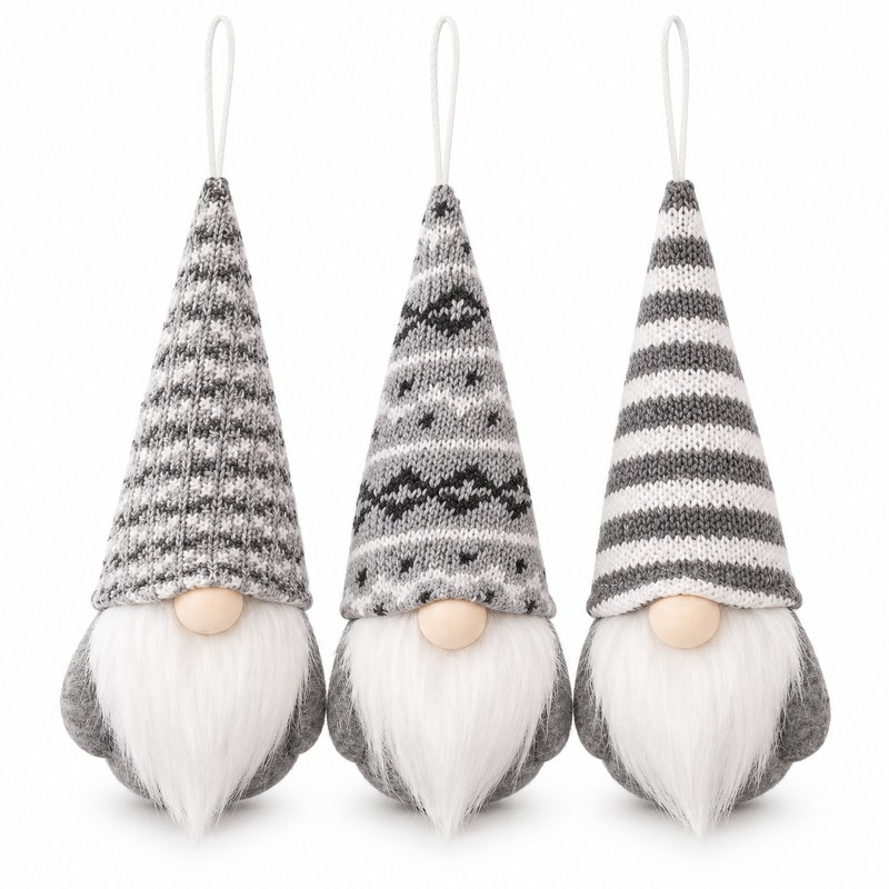 Christmas Gnome Hanging Ornaments - 3-Piece Gray Set with Patterned