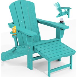 KINGYES Folding Adjustable Adirondack Chair with Ottoman & 2 Cup Holders, HDEP Multifunctional Adirondack Chair with Footrest, Aruba