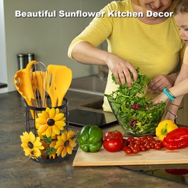 Sunflower Utensil Caddy with Silicone Cooking Utensils Set 6PCS, Sunflower Kitchen Decor and Accessories, Sunflower Utensil Holder for Kitchen Counter Yellow Sunflower Utensils Crock Sunflower Gifts