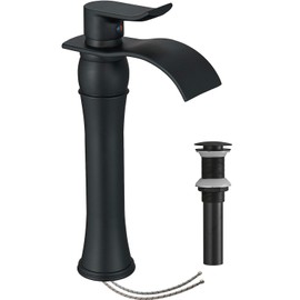 BATHLAVISH Vessel Sink Faucet Black Waterfall Tall Bathroom Matte Single Hole 1 Handle Farmhouse Vanity Lavatory for Basin with Pop Up Drain Assembly Without Overflow Lead-Free