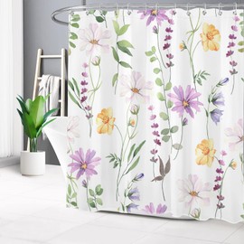 WEENEO - Cortina de ducha de flores silvestres, color amarillo, morado, floral y verde salvia, hoja de eucalipto en blanco, juego de cortina de ducha para baño, tela de plantas naturales con 12 ganchos, 72 x 72 pulgadas