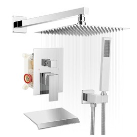 BWE 12 Inch Chrome Shower System Faucet Waterfall Tub Complete with Chrome Spout Set Square Luxury Rain Mixer Pressure Balancing 3-Function Wall Mount Rainfall Rough-in Valve Body and Trim Included