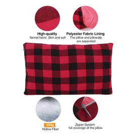 REDCAMP Small Camping Pillow Lightweight and Compressible, 1PC Flannel Travel Pillow with Removable Pillow Cover (Red and Black)