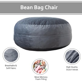 WhatsBedding Bean Bag Chair for Adults with Memory Foam Filler Included, Big Kids Beanbag Chairs, Large 4 ft, Gray, Solid