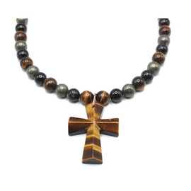 Cross Necklace for Men Triple Protection Jewelry Pyrite Black Tourmaline Tigers Eye Neckless for Spiritual Protection | 10mm Beads 17”