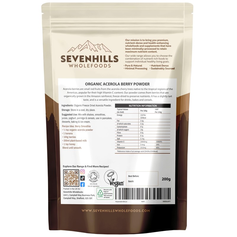 Sevenhills Wholefoods Organic Raw Acerola Powder 200g, Natural Vitamin C
