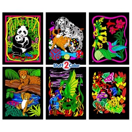 Stuff2Color Panda, Kitten, Dragon and Knight, Leopards, Humming Bird, Frog - 6 Pack of Fuzzy Velvet Coloring Posters (Arts and Crafts Fun for All Ages)