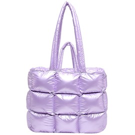 Bagtopia Puffer Tote Bag for Women, Large Quilted Puffy Handbag, Stylish Quilted Shoulder Bag, Lightweight Fluffy Satchel Purse for Work Travel Gym Shopping Daily Use, Purple