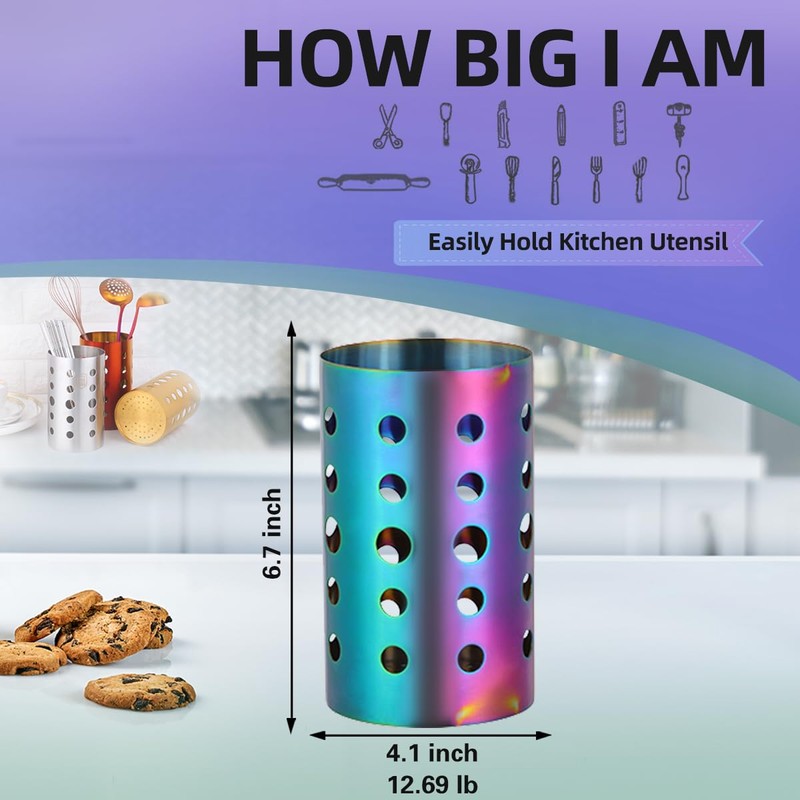 QRU Kitchen Utensil Holder for Countertop (H6.7” x W4.1”), Stainless