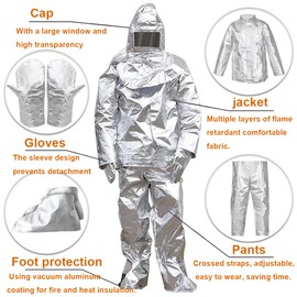 EYCOMTOM Fire Resistant Suit, Anti Thermal Radiation 1000-1200 ℃ Fireproof Coveralls Heat Resistant Aluminized Firefighter Uniform (XXL)