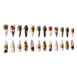 Press on Nails Pointed Long Length,Artificial Acrylic Fake Nails with Daisy Flowers Eyes Mushroom Designs Full Cover Glossy False Nails Glue on Nails for Women Reusable Stick on Nails 24Pcs