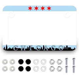 Chicago Flag Motorcycle License Plate Frame Stainless Steel City Theme License Plate Frame 4 Holes Tag Holder Motorcycle Accessory with Screws Nut Caps 7.7" x4.5 for Bike Motorcycle