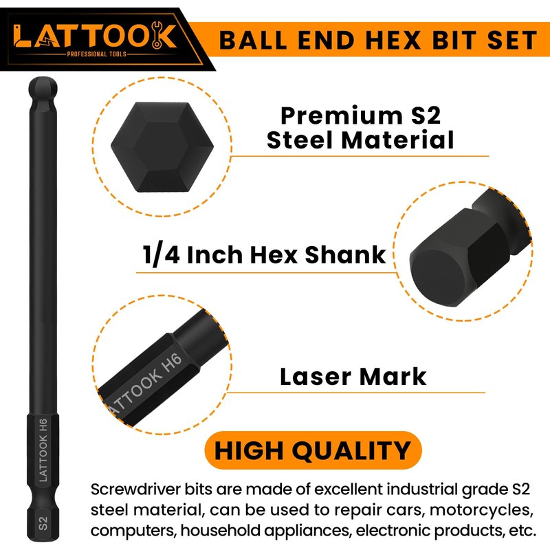 Ball End Hex Head Allen Wrench Drill Bit Set, LATTOOK