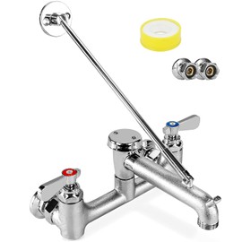 Commercial Mop Sink Faucet Service Sink Faucet with 6-1/2" Vacuum Breaker Spout, Wall Mount 8" Adjustable Center, with 3/4" Hose Thread, Pail Hook, Chrome-Plated for Utility, Laundry, Garden