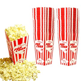 30 Movie Night Popcorn Paper Boxes Buckets 7.75 Inches Tall Large Box & Holds 46 Oz Old Fashion Vintage Retro Party Design Red & White Colored Nostalgic Carnival Stripes Bags & Tubs various qty avail