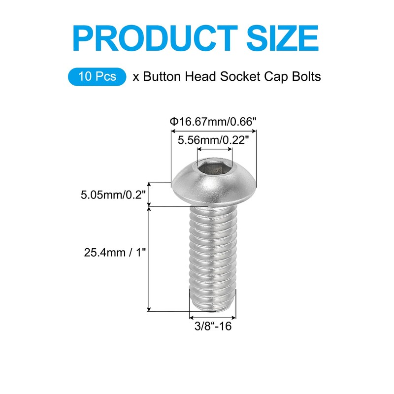 PATIKIL 3/8-16x1" Button Head Socket Cap Screws, 10 Pcs 304