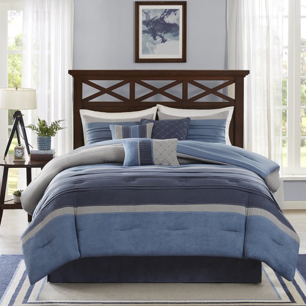 Madison Park Cozy Comforter Set Casual Modern Design - All Season Bedding, Matching Bed Skirt, Decorative Pillows, Collins, Suede Blue Grey King(104"x92") 7 Piece