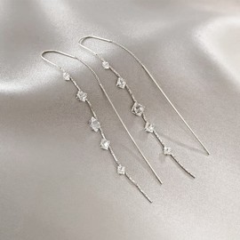 Silver Threader Earrings for Women Rhinestone Tassel Chain Earrings Long Dangle Earrings Jewelry for Teen Girls Party