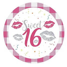 Fedyufook Pink Plaid Sweet 16 16th Birthday Party Favor Stickers - 2 in - 50 Labels