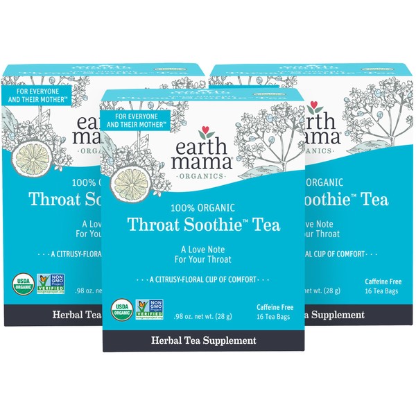 Earth Mama Organic Throat Soothie Tea with Elderflower | Immune Support Formulated without Licorice | Safe for Kids & During Pregnancy, 16 Teabags Per Box (3-Pack)