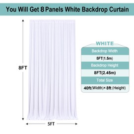 40ftx8ft White Wrinkle Free Backdrop Curtains for Parties, 8 Panels 5×8ft Silky Soft Polyester Wedding Drapes for Backdrop Decor Birthday Party Baby Shower Photo Photography Background Curtain