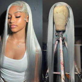 Heberac Long Gray Straight Lace Front Wigs Glueless Pre Plucked Natural Hairline Synthetic Lace Front Wigs for Black Women 13 * 6 Frontal Lace Wigs