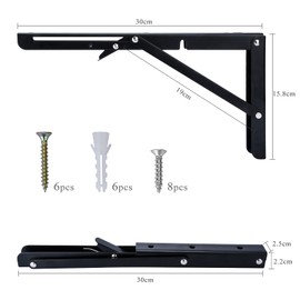 Beinhome 2 x Folding Console Heavy Duty 300 mm Shelf Brackets Foldable Black Folding Shelf Brackets Table Folding Hinge for Table Tops Folding Table Wall Table Space Saving Load Capacity 60 kg