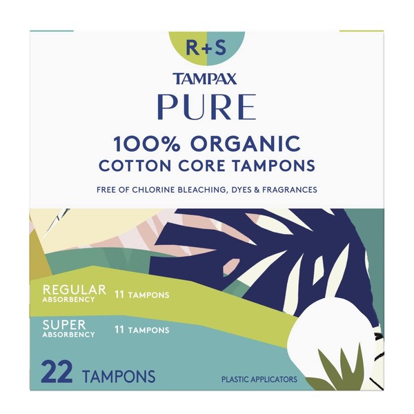 Tampax Pure Cotton Tampons, Contains 100% Organic Cotton Core, Regular/Super Absorbency, 22 Ct, Unscented