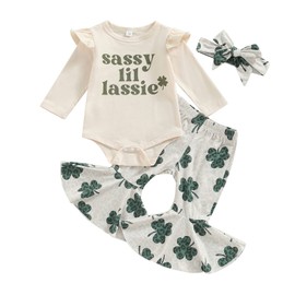 St. Patrick's Day Baby Girl Outfit Long Sleeve Sweater Romper Lucky Clover Bell Bottom Infant Girl Spring Clothes (Apricot Leopard, 0-6 Months)