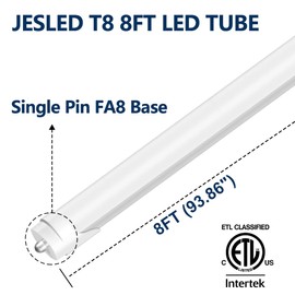 JESLED T8 T10 T12 8FT LED Tube Light Bulbs, 50W 6000LM, 5000K Daylight White, Single Pin Fa8 LED Replacement for Fluorescent Fixture, Frosted, Ballast Bypass, Warehouse Workshop Garage Lights 12-Pack
