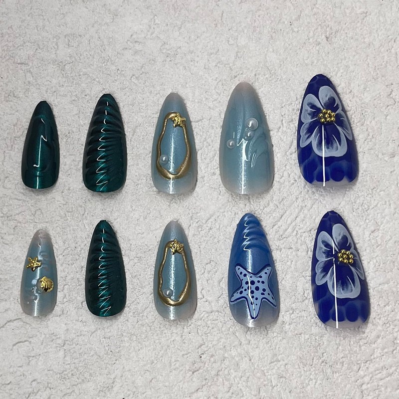 ROFIBUT Ocean Press on Nails Medium Almond Fake Nails with