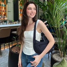 POIUGOYA Nylon Shoulder Bag For Women,Small Quilted Crescent Bag,Triple Zip Pocket Small Puffer Bag For Travel/Fitness