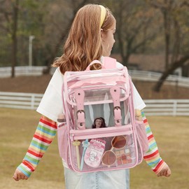 Heavy Duty Clear Backpack Stadium Approved Transparent Backpacks for School College Festival Work Travel (Light pink)