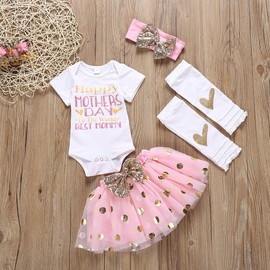 XFGLCK Newborn Infant Baby Girl My 1st Mother's Day Skirt Set Romper+Tutu Pink Dot Skirt+Headband+Legging Warmer 4Pcs (Pink+White, 6-9 Months)
