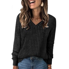 NORACORA V Neck Long Sleeve Shirts for Women Ribben Knit Plus Size Tops Lightweight Tunic Fashion Sweaters Black XXL
